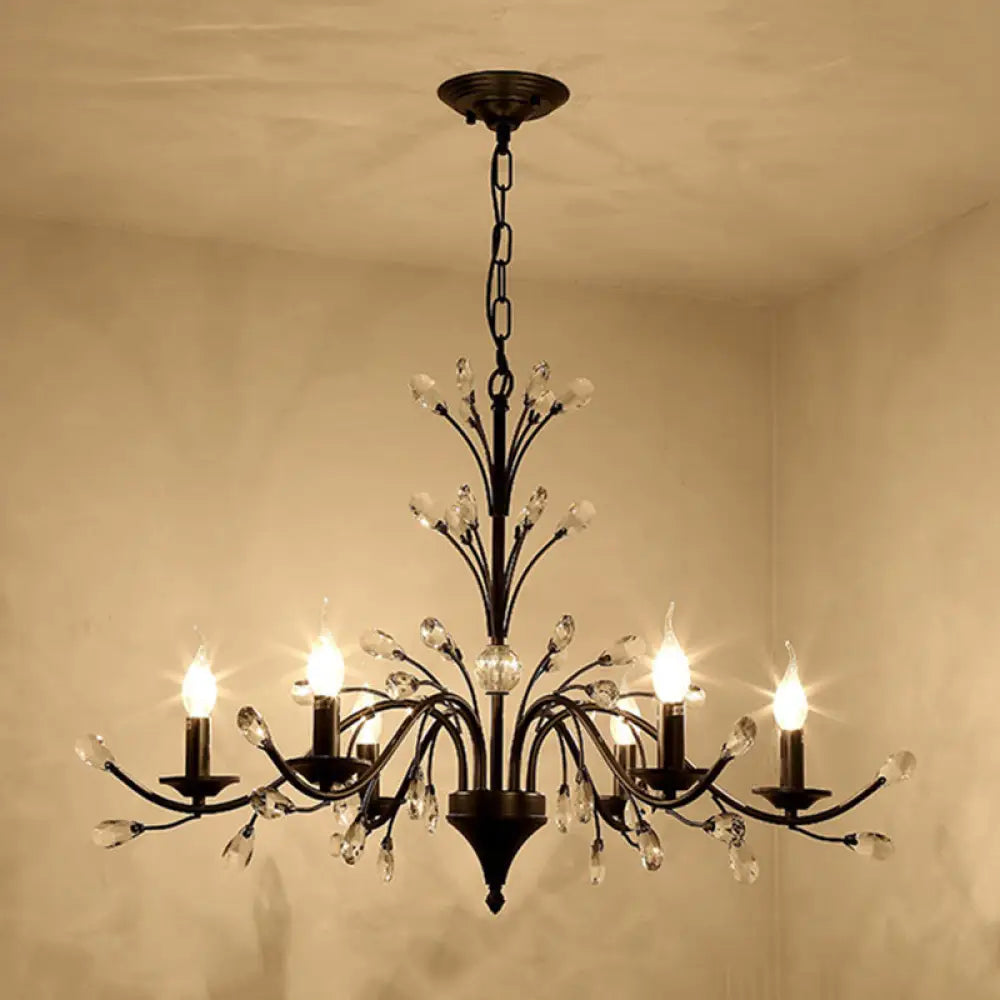 Vintage Metal Chandelier With Exposed Bulbs | 3/6/9 Lights Black Finish Crystal Draping 6 /
