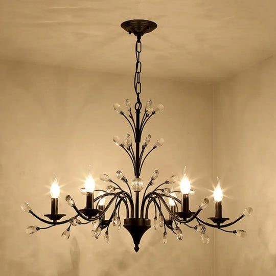 Vintage Metal Chandelier With Exposed Bulbs | 3/6/9 Lights Black Finish Crystal Draping 6 /
