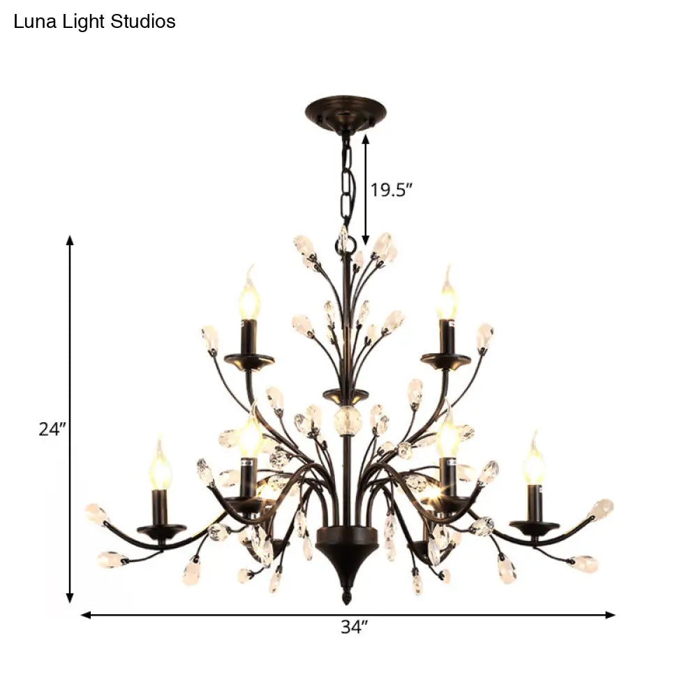 Vintage Metal Chandelier With Exposed Bulbs | 3/6/9 Lights Black Finish Crystal Draping