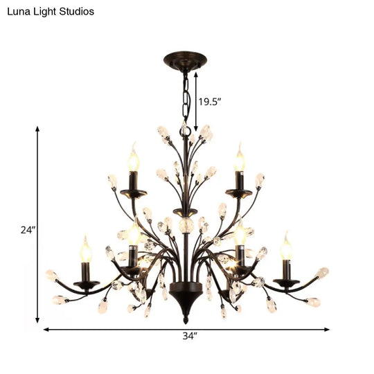 Vintage Metal Chandelier With Exposed Bulbs | 3/6/9 Lights Black Finish Crystal Draping