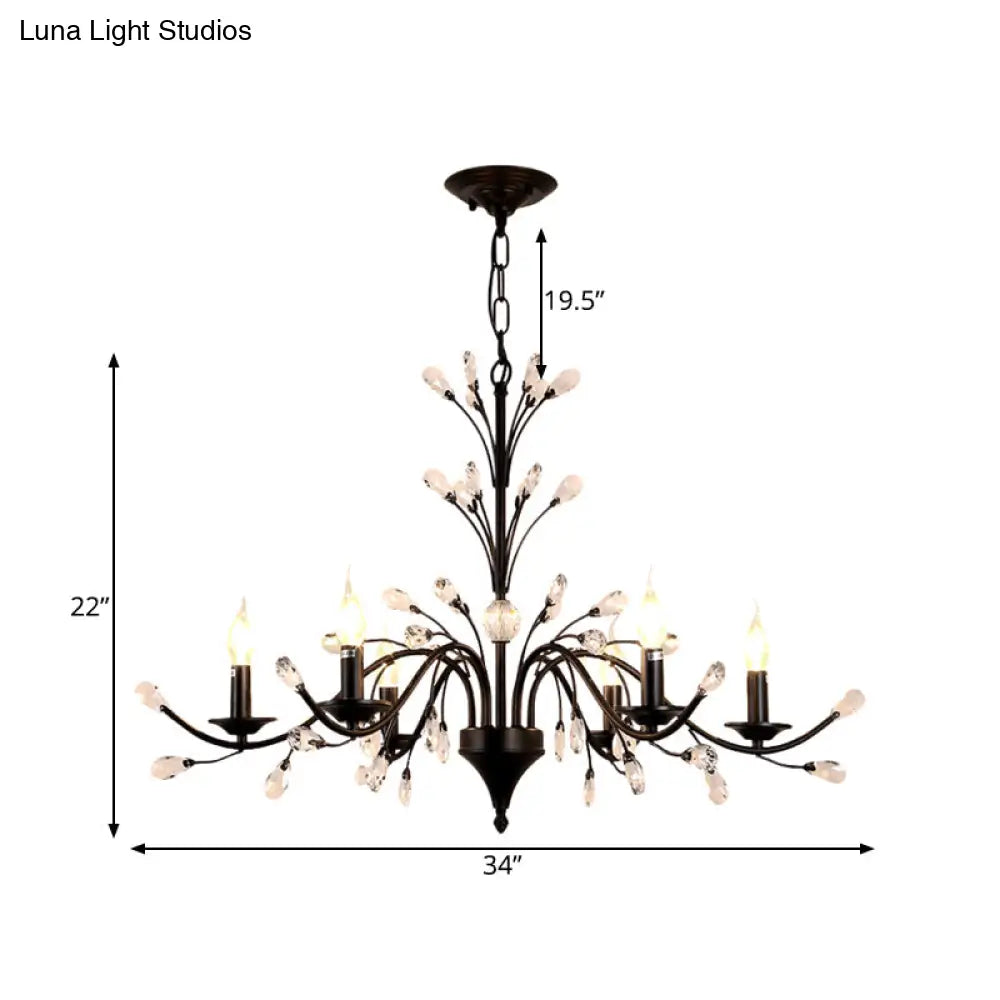 Vintage Metal Chandelier With Exposed Bulbs | 3/6/9 Lights Black Finish Crystal Draping