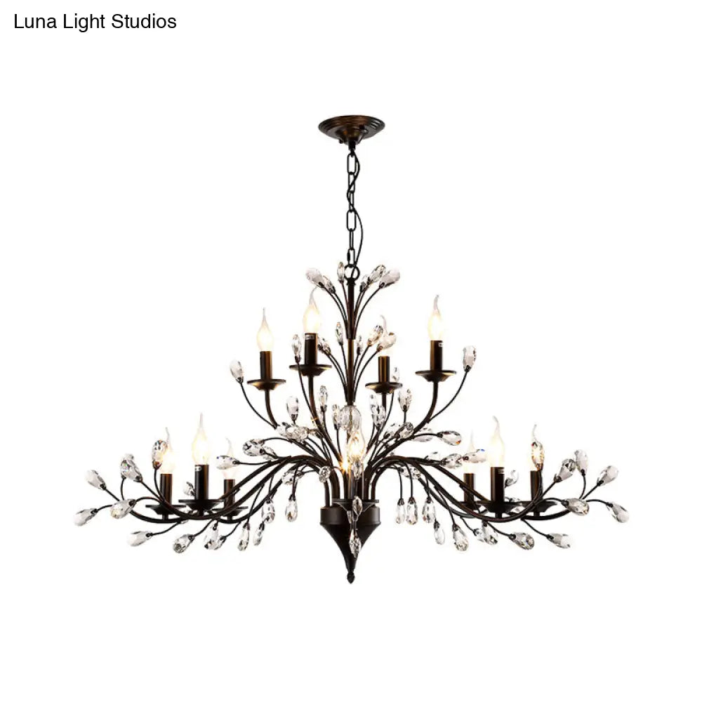 Vintage Metal Chandelier With Exposed Bulbs | 3/6/9 Lights Black Finish Crystal Draping