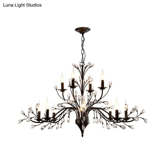Vintage Metal Chandelier With Exposed Bulbs | 3/6/9 Lights Black Finish Crystal Draping