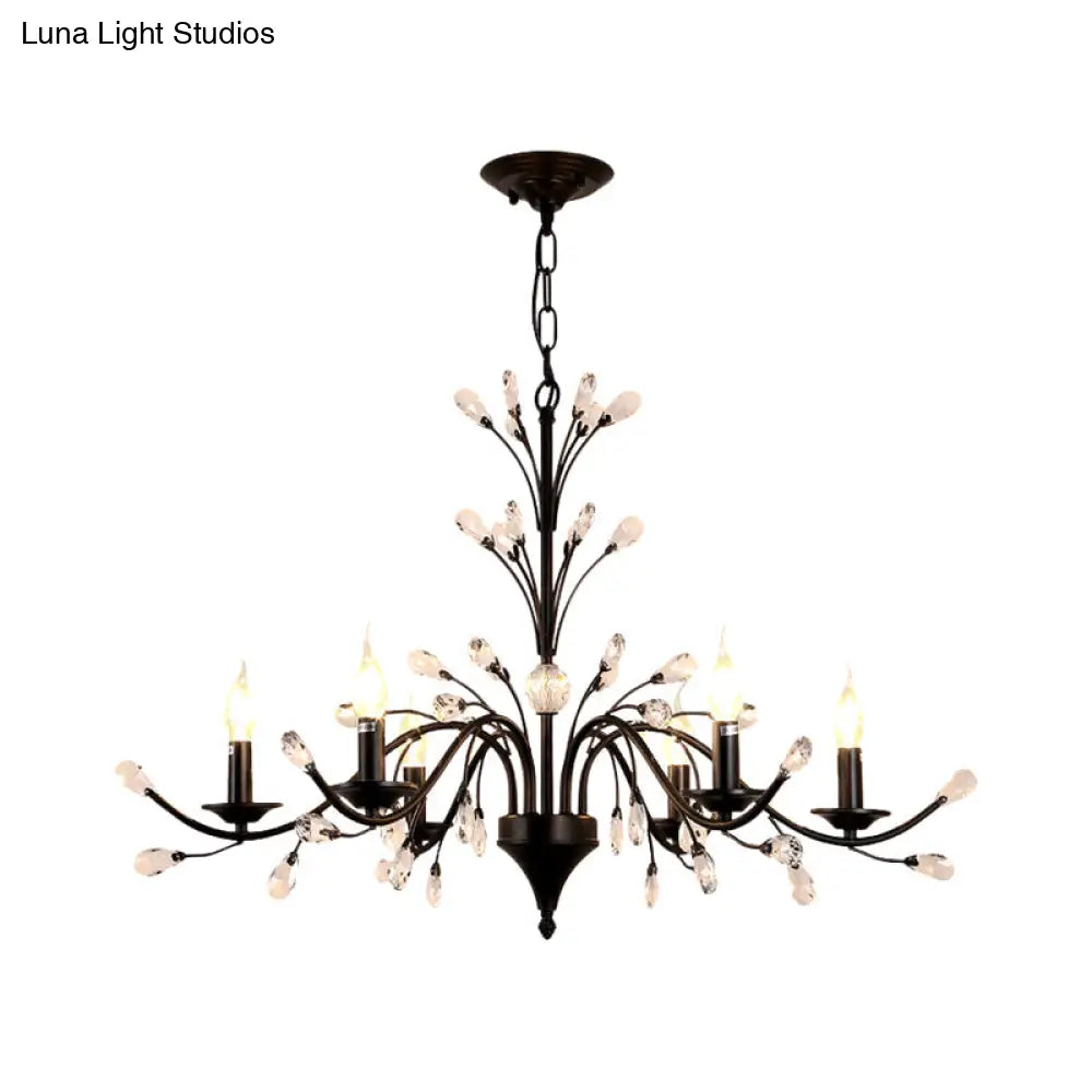 Vintage Metal Chandelier With Exposed Bulbs | 3/6/9 Lights Black Finish Crystal Draping