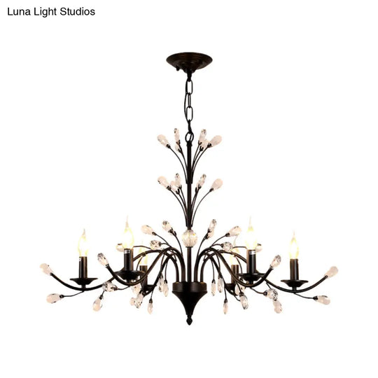 Vintage Metal Chandelier With Exposed Bulbs | 3/6/9 Lights Black Finish Crystal Draping