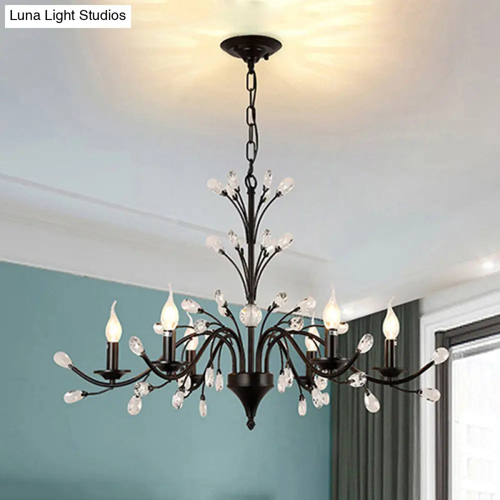 Vintage Metal Chandelier With Exposed Bulbs | 3/6/9 Lights Black Finish Crystal Draping