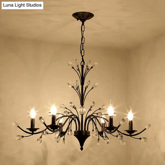 Vintage Metal Chandelier With Exposed Bulbs | 3/6/9 Lights Black Finish Crystal Draping