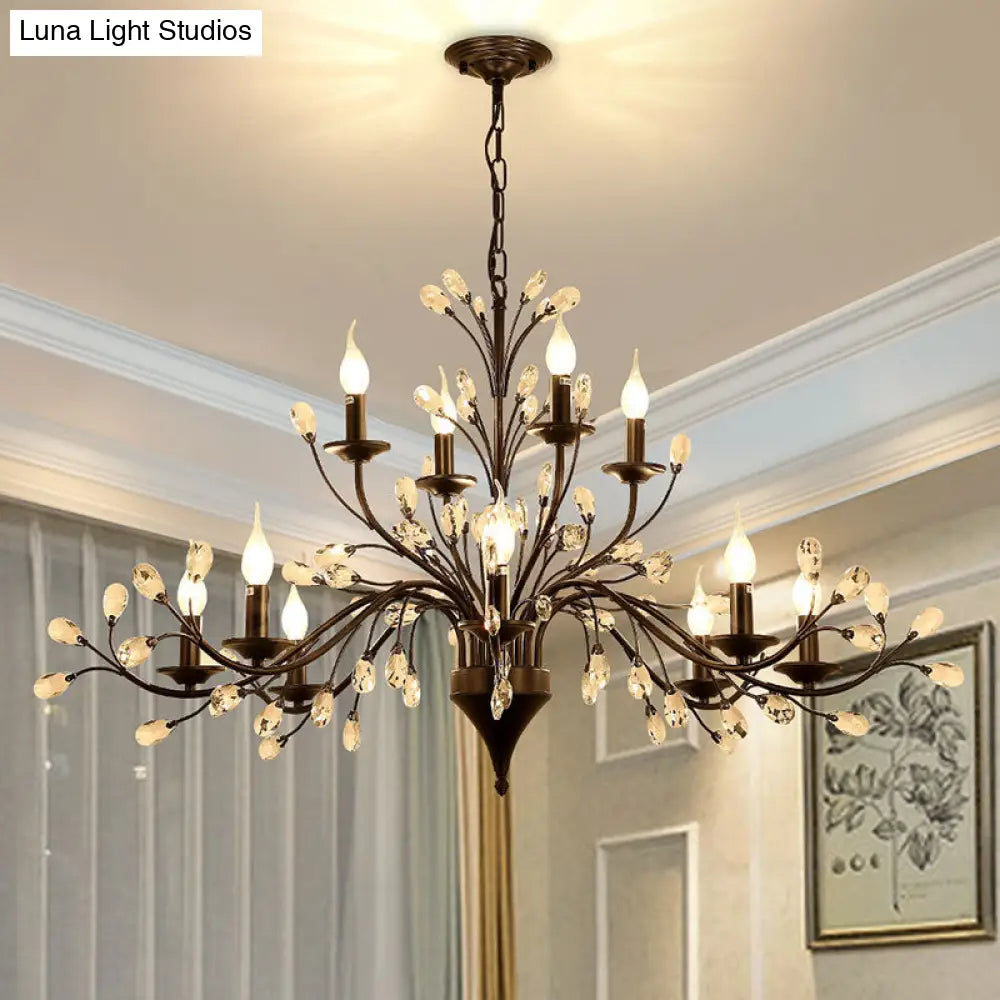 Vintage Metal Chandelier With Exposed Bulbs | 3/6/9 Lights Black Finish Crystal Draping
