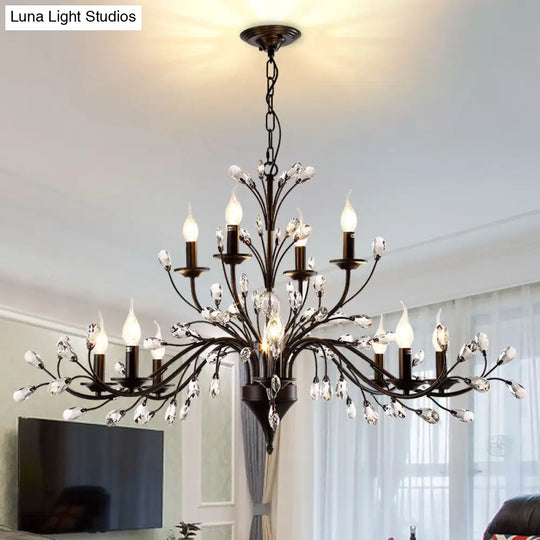 Vintage Metal Chandelier With Exposed Bulbs | 3/6/9 Lights Black Finish Crystal Draping