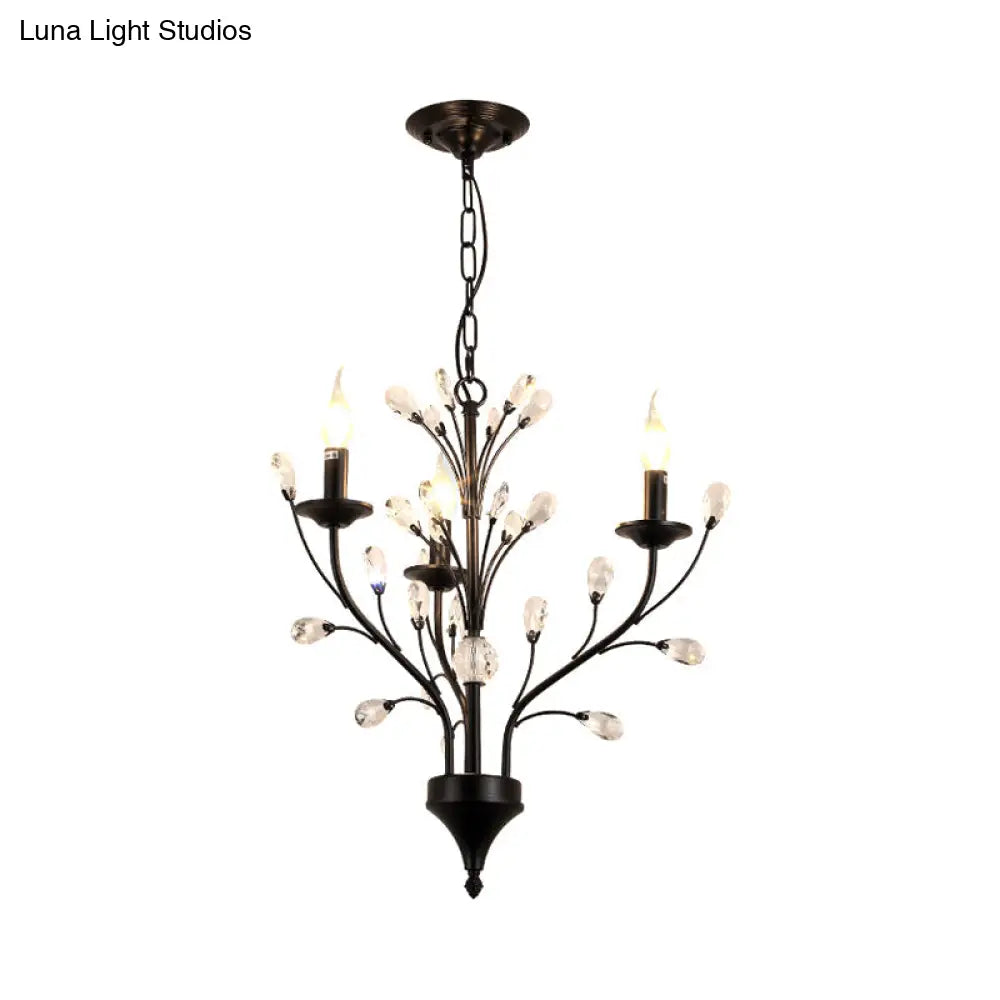 Vintage Metal Chandelier With Exposed Bulbs | 3/6/9 Lights Black Finish Crystal Draping