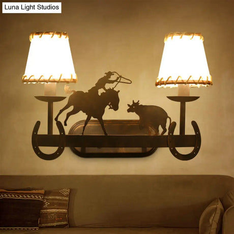 Vintage Metal Cone Wall Light Fixture - Rust Sconce Lamp With Animal Decoration 2-Light Dining Room