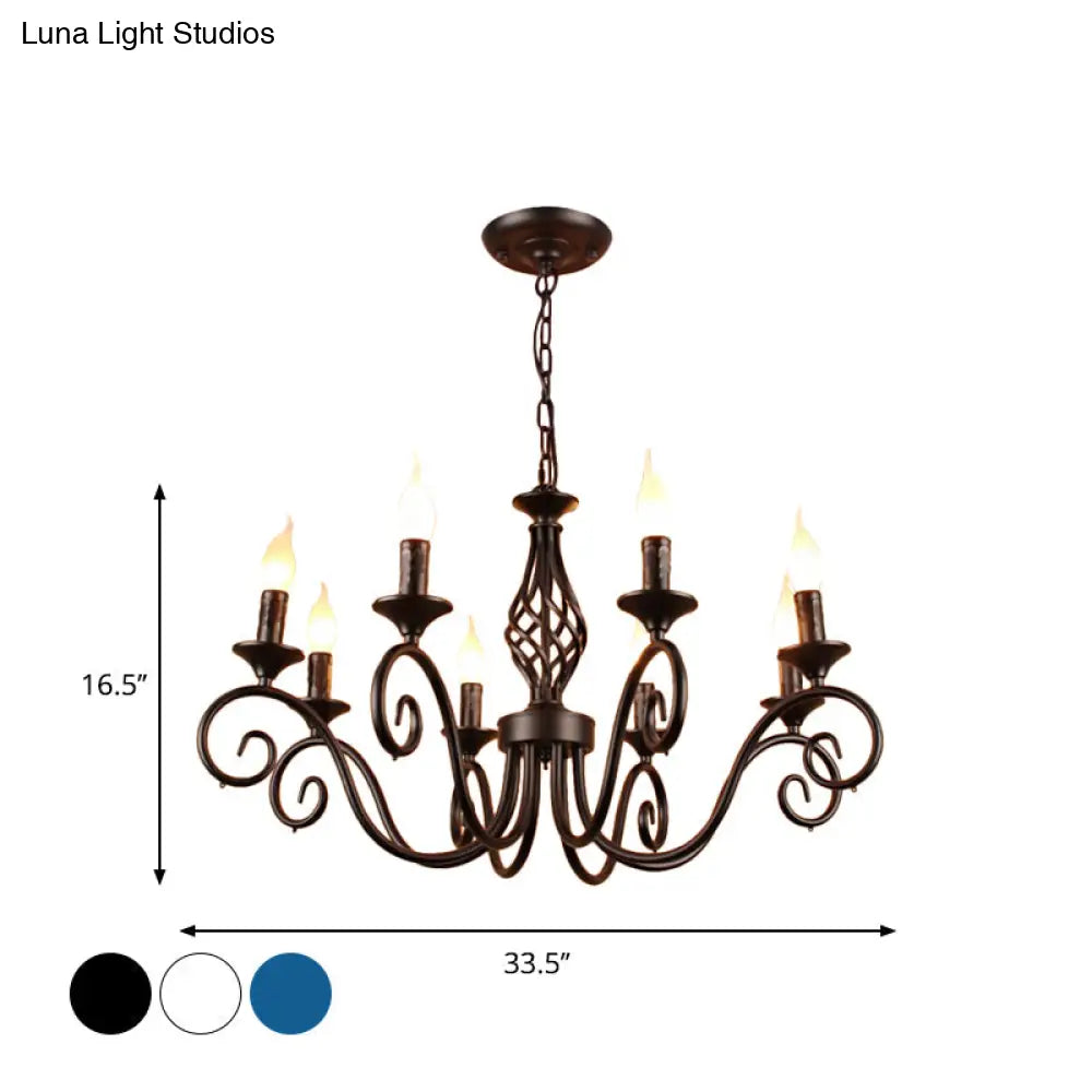 Vintage Metal Curly Arm Pendant Chandelier - 8 Bulbs Black/White/Blue Ideal For Living Room