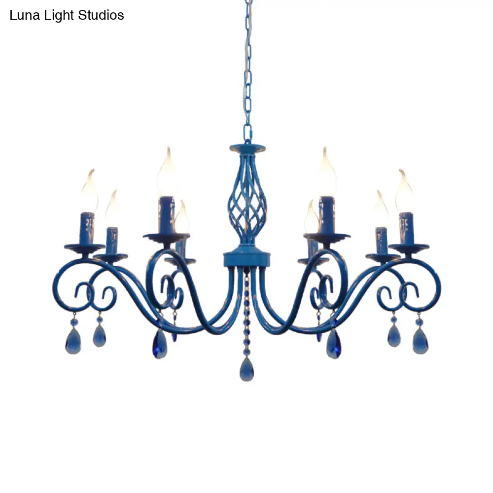 Vintage Metal Curly Arm Pendant Chandelier - 8 Bulbs Black/White/Blue Ideal For Living Room
