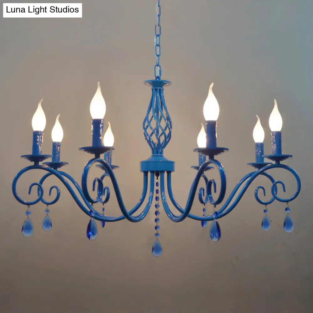 Vintage Metal Curly Arm Pendant Chandelier - 8 Bulbs Black/White/Blue Ideal For Living Room