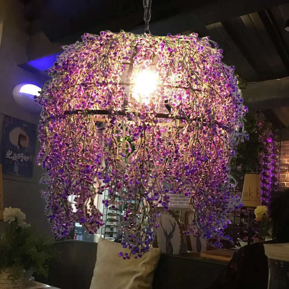 Vintage Metal Dome Drop Lamp: 1-Light Purple Led Pendant With Floral Decor For Restaurants