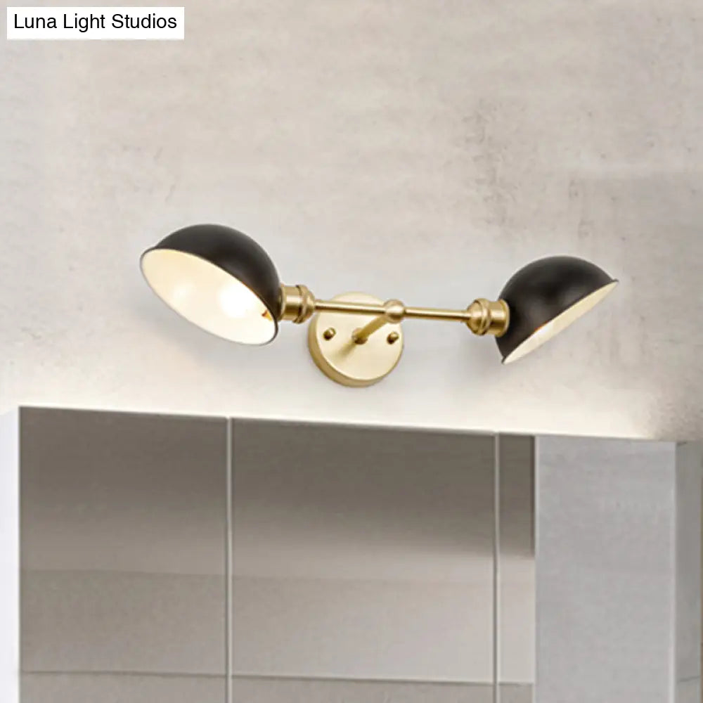 Vintage Metal Dome Vanity Light Fixture With Dual Bulbs Wall Mount Bathroom Lamp In Black/Brass