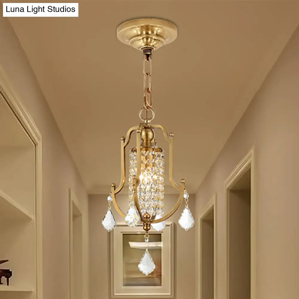 Vintage Metal Lantern Frame Pendant Ceiling Light with Crystal Accent Brass Finish Brass