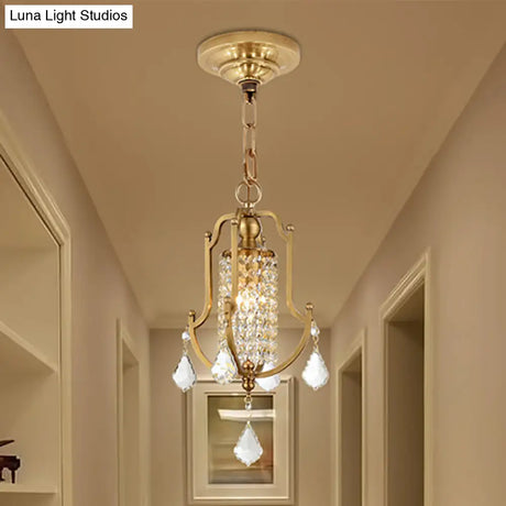 Vintage Metal Lantern Frame Pendant Ceiling Light with Crystal Accent Brass Finish Brass