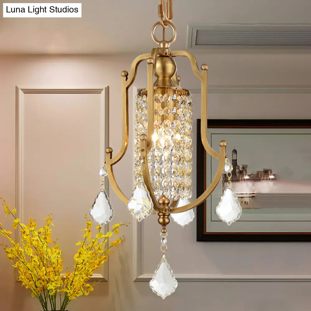 Vintage Metal Lantern Frame Pendant Ceiling Light with Crystal Accent Brass Finish Brass