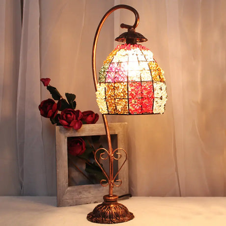 Vintage Metal Night Table Lamp In White/Pink/Red With Curving Arm For Living Room Nightstand