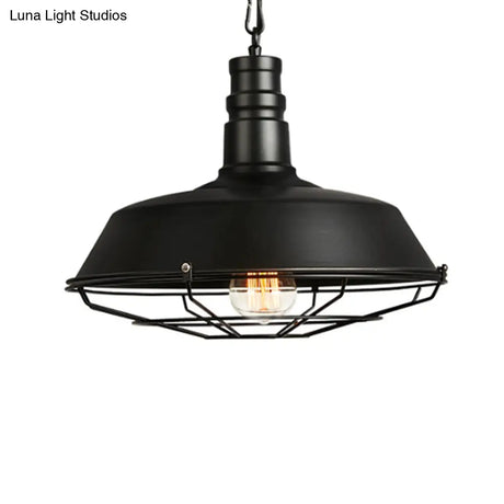 Vintage Metal Pendant Light For Commercial Use With Black Cage Shade