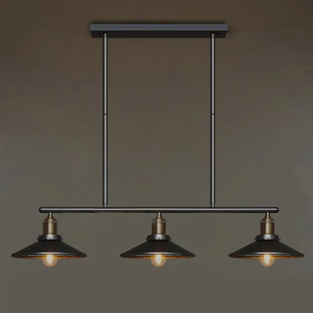 Vintage Metal Pendant Light With 3 Black Cone Shades For Restaurant Or Warehouse