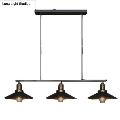 Vintage Metal Pendant Light With 3 Black Cone Shades For Restaurant Or Warehouse