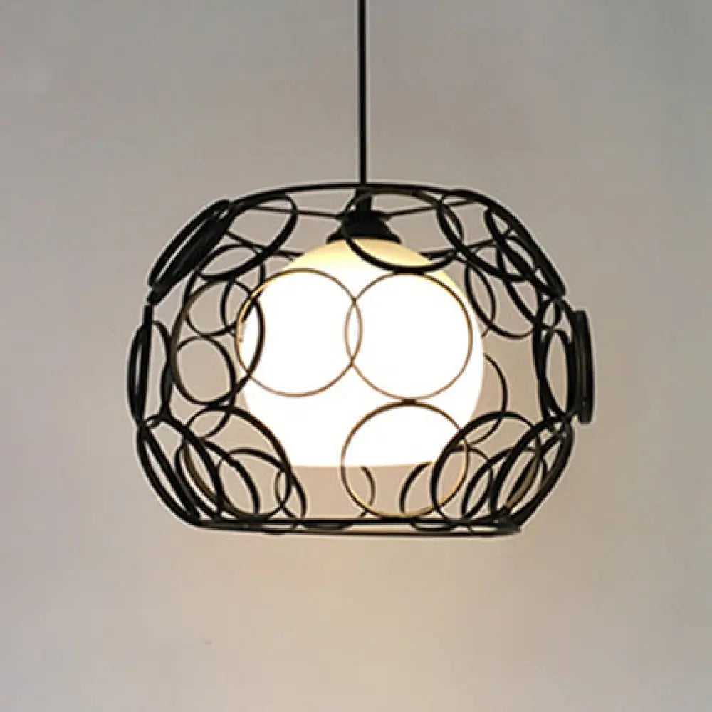 Vintage Metal Pendant Light With Opal Glass Shade - Black/White Wire Frame Indoor Hanging Ceiling