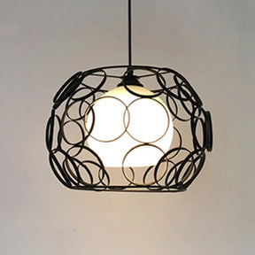 Vintage Metal Pendant Light With Opal Glass Shade - Black/White Wire Frame Indoor Hanging Ceiling