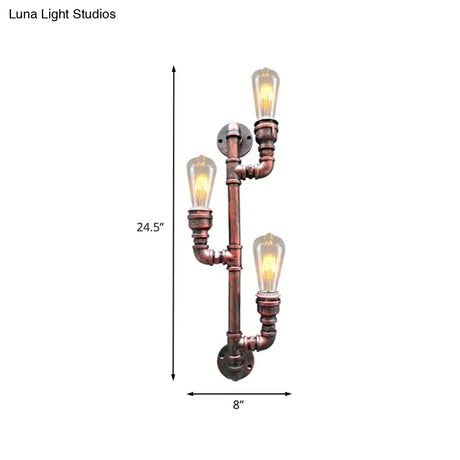 Vintage Metal Rust Finish Sconce Lighting With 3 Branch Heads - Wall Mount Pipe Lamp For Corners