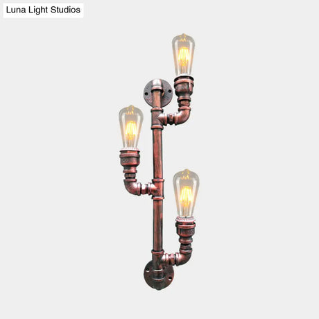 Vintage Metal Rust Finish Sconce Lighting With 3 Branch Heads - Wall Mount Pipe Lamp For Corners