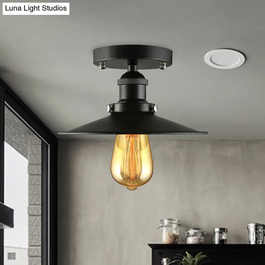 Vintage Metal Semi Flush Light With Black/Brass Flat Shade For Kitchen - 1 Bulb