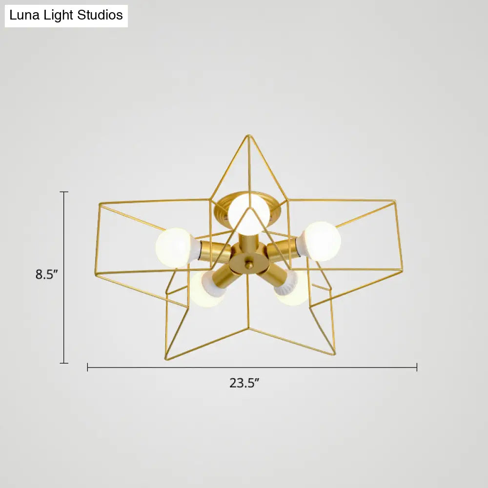 Vintage Metal Star Shaped Bedroom Ceiling Lamp - Semi Flush Mount With 5 Bulbs / Gold