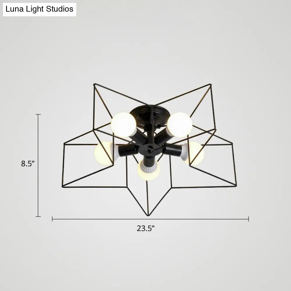 Vintage Metal Star Shaped Bedroom Ceiling Lamp - Semi Flush Mount With 5 Bulbs / Black