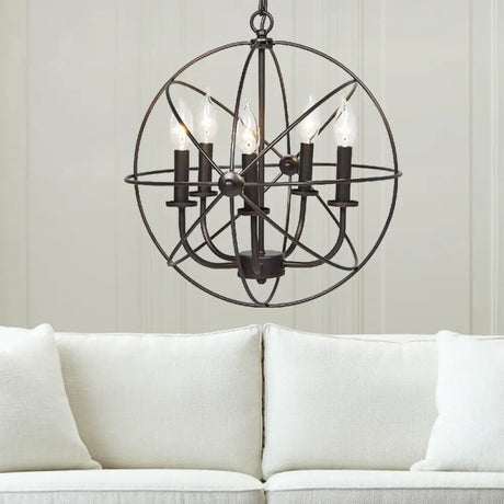 Vintage Metal Strap Globe Chandelier Pendant Light - 5 Bulb Hanging Lamp In Black Ideal For
