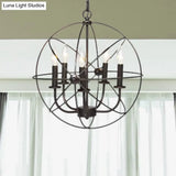Vintage Metal Strap Globe Chandelier Pendant Light - 5 Bulb Hanging Lamp In Black Ideal For