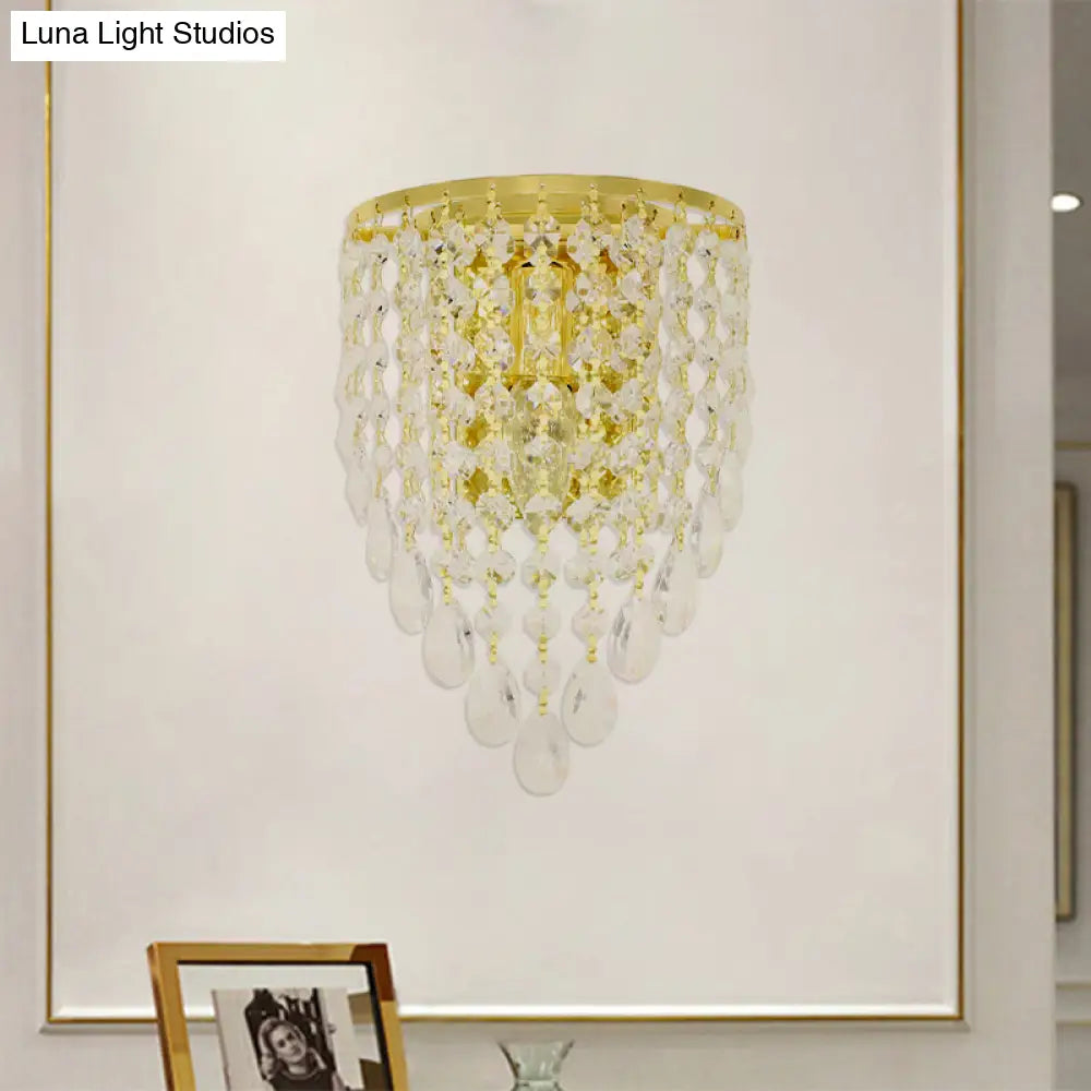 Vintage Metal Tapered Wall Mount Light Sconce With Clear Crystal Draping - 10/15 W 1 Bulb Elegant