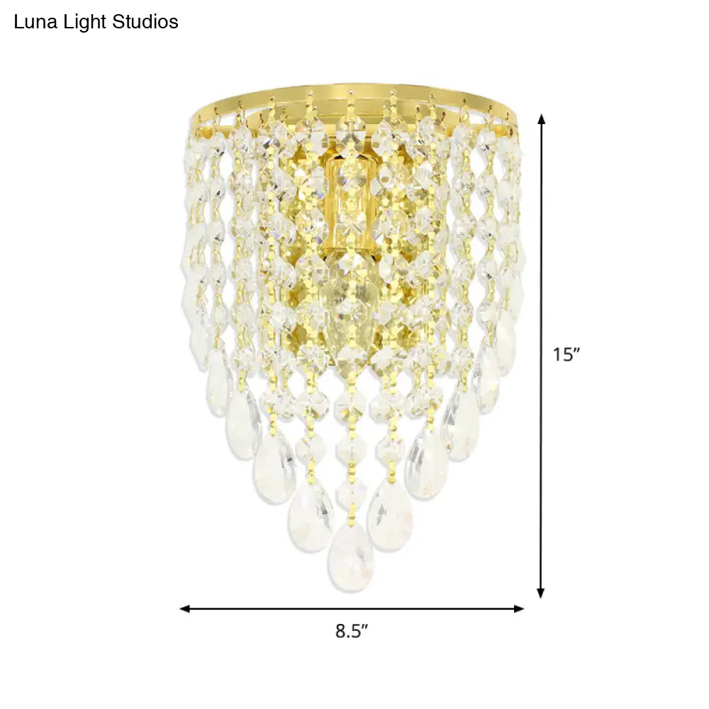 Vintage Metal Tapered Wall Mount Light Sconce With Clear Crystal Draping - 10/15 W 1 Bulb Elegant