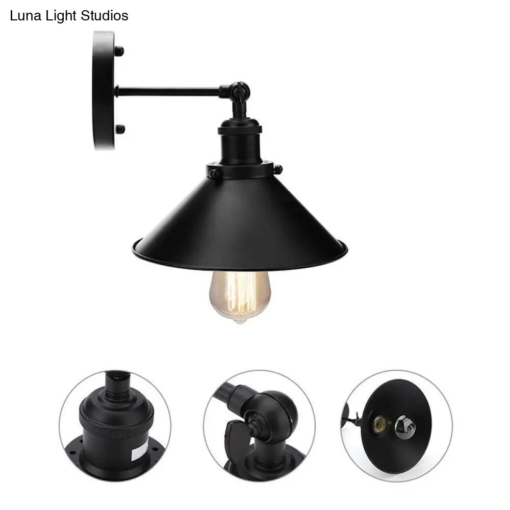Vintage Metal Wall Lamp With Rotatable Conic Shade For Bedside Reading - Black 1/2-Head Mount Light