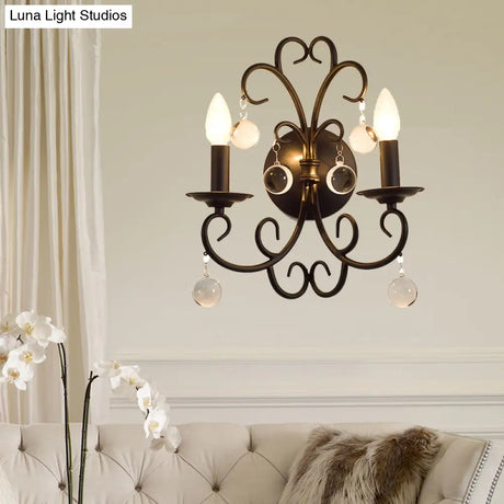 Vintage Metal Wall Sconce Light With Clear Crystal Ball Deco - 2 Head Black Fixture