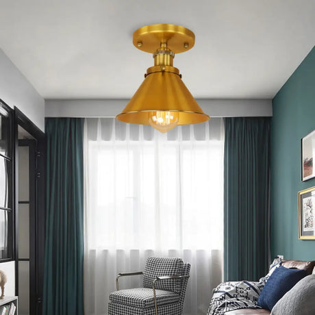 Vintage Metallic Conical Semi-Flush Light In Brass/Copper - Perfect For Hallways Brass