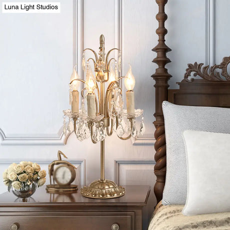 Vintage Metallic Nightstand Lamp With Hanging Crystal - 4 Bulb Table Light For Living Room