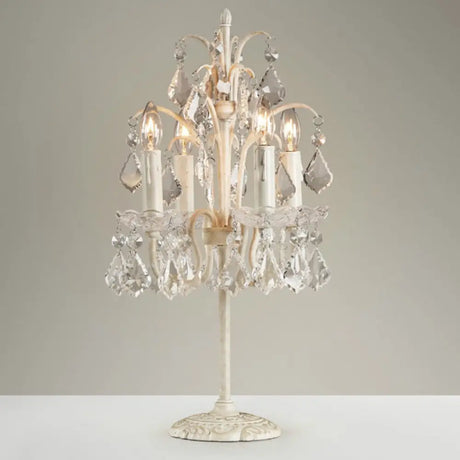 Vintage Metallic Nightstand Lamp With Hanging Crystal - 4 Bulb Table Light For Living Room White