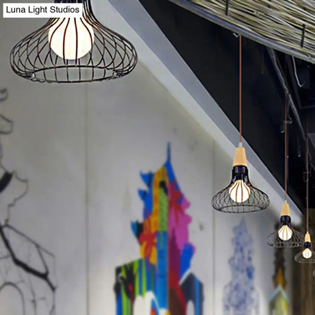 Vintage Metallic Pendant Lamp With Pear/Diamond/Gourd Cage Design - 1 Head Ceiling Hanging Light In