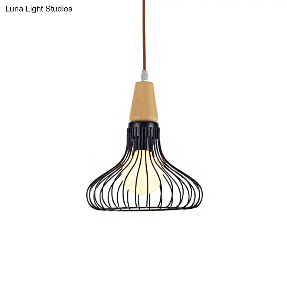 Vintage Metallic Cage Pendant Lamp With Black Finish And One Head For Ceiling Hanging -