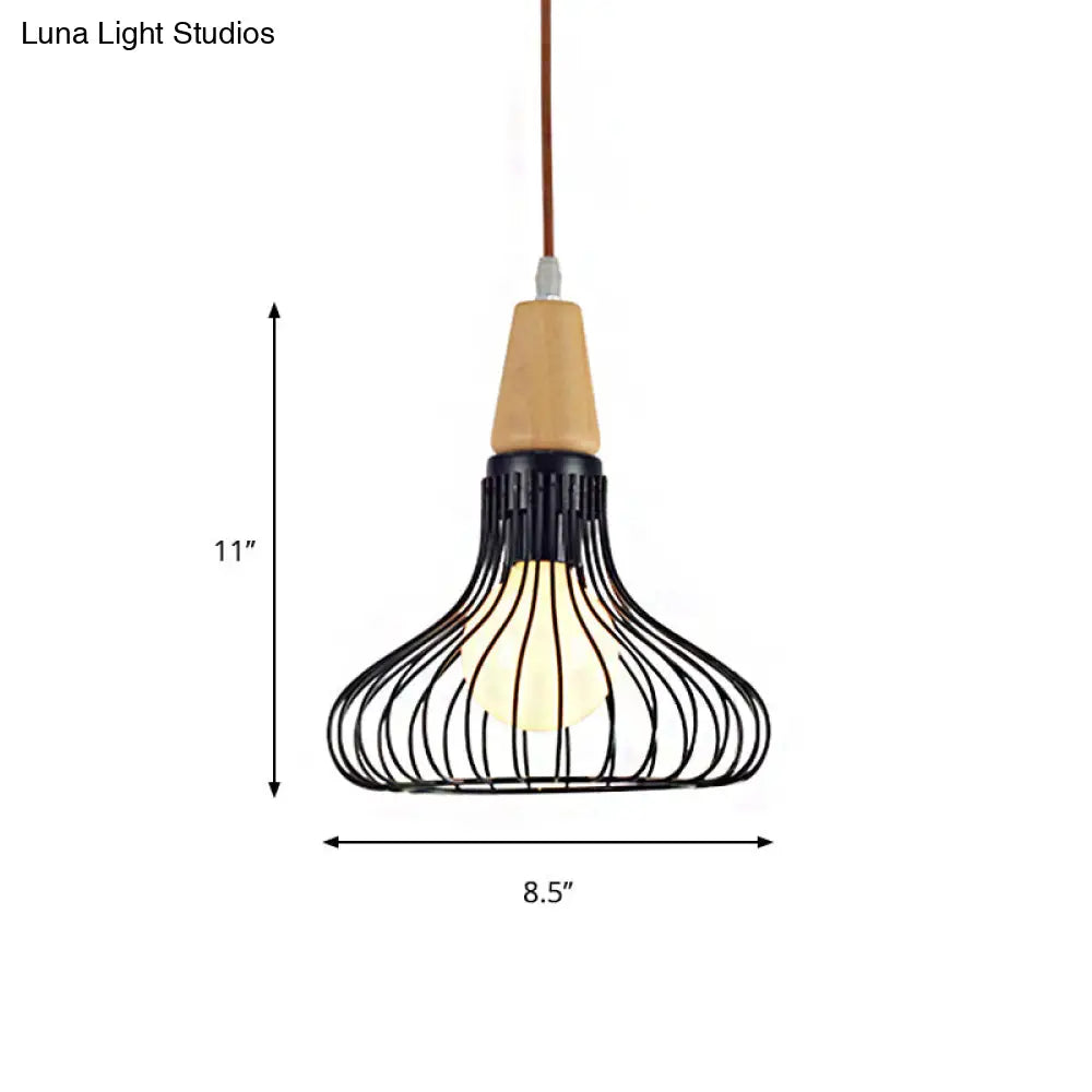 Vintage Metallic Cage Pendant Lamp With Black Finish And One Head For Ceiling Hanging -
