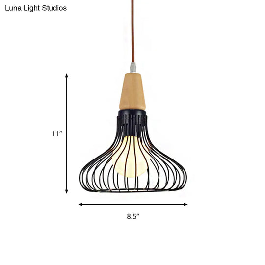 Vintage Metallic Cage Pendant Lamp With Black Finish And One Head For Ceiling Hanging -