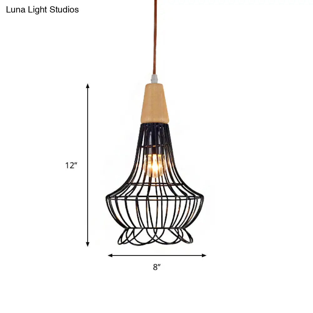 Vintage Metallic Cage Pendant Lamp With Black Finish And One Head For Ceiling Hanging -