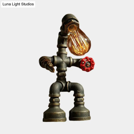 Vintage Metallic Robot Bedside Nightlight: 1-Bulb Bronze Finish Desk Lamp With Red Valve Deco