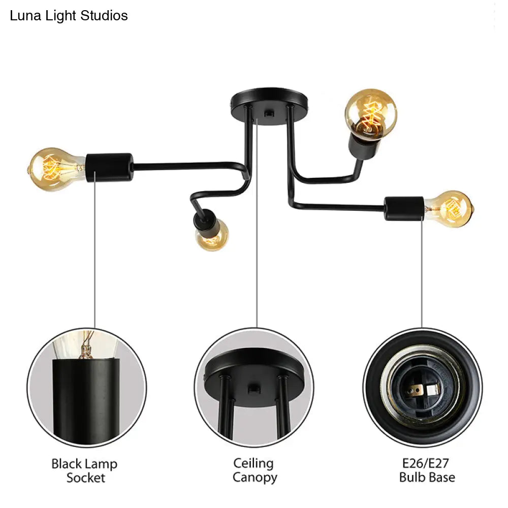 Vintage Metallic Semi Flush Light With Sputnik Design In Antique Brass/Black - Exposed Ceiling